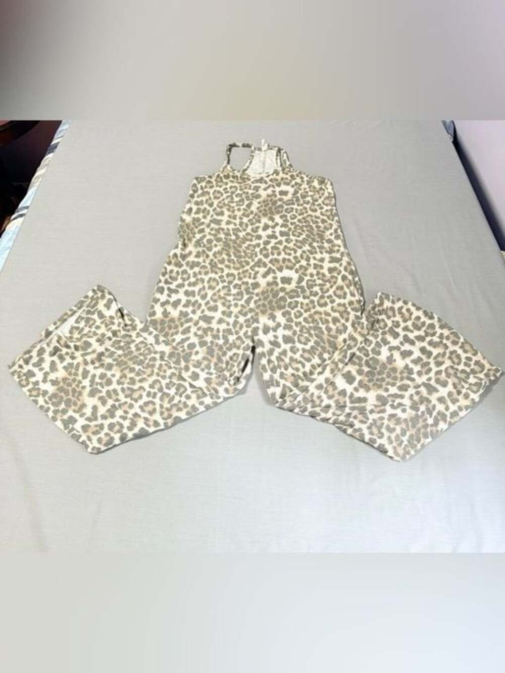 7th Ray Women's Leopard Print Spaghetti Strap Wide Leg Overalls Jumpsuit Sz med